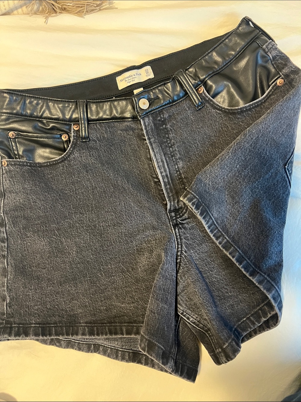 Abercrombie & Fitch Black Washed Denim Boyfriend Shorts with Faux Leather Trim